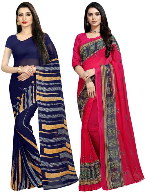 set of 2 multicolor printed saree combo with blouse - 16426306 - Very Small Image - 1