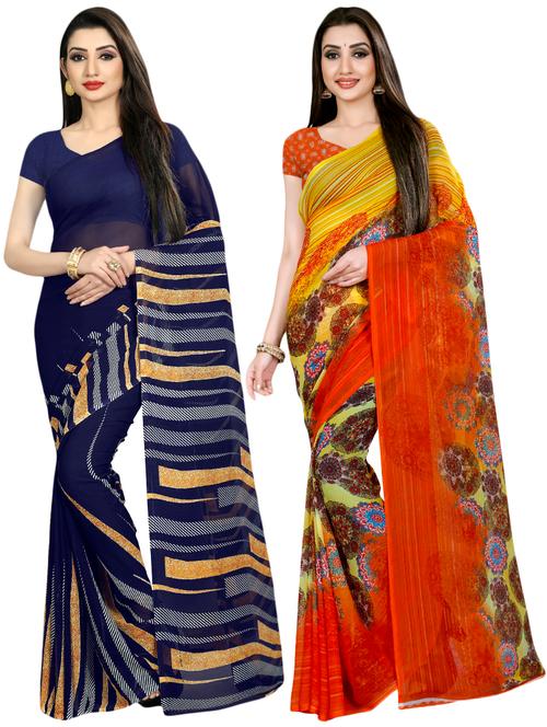 set of 2 multicolor printed saree combo with blouse - 16426309 - Very Small Image - 1