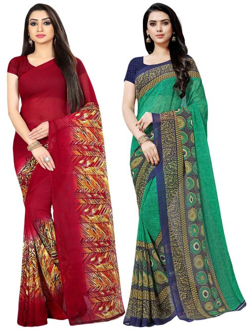 set of 2 multicolor printed saree combo with blouse - 16426321 - Very Small Image - 1