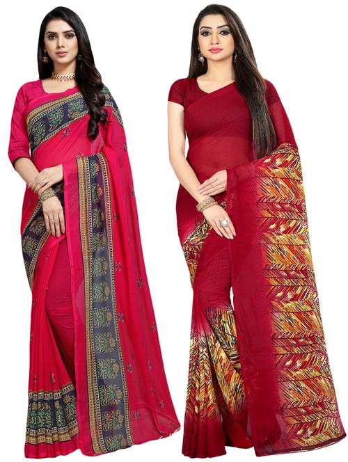 set of 2 multicolor printed saree combo with blouse - 16426326 - Very Small Image - 1