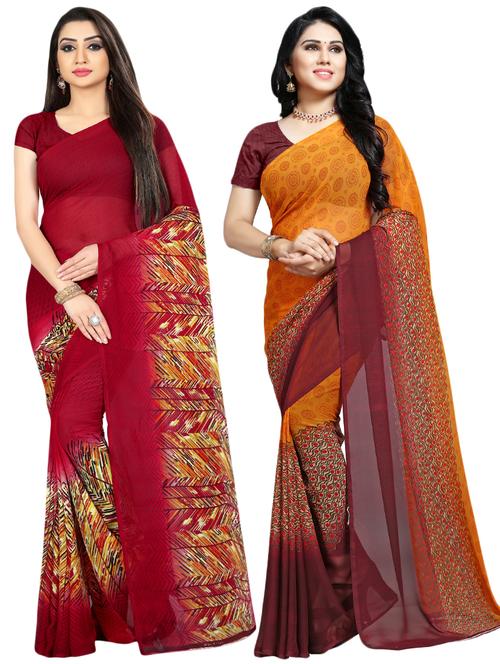 set of 2 multicolor printed saree combo with blouse - 16426327 - Very Small Image - 1