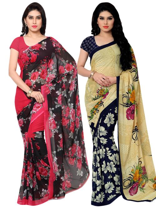 set of 2 multicolor printed saree combo with blouse - 16426447 - Very Small Image - 1