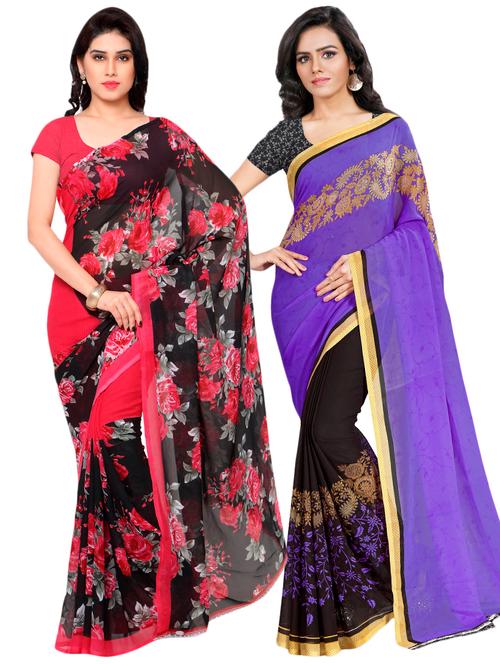 set of 2 multicolor printed saree combo with blouse - 16426488 - Very Small Image - 1
