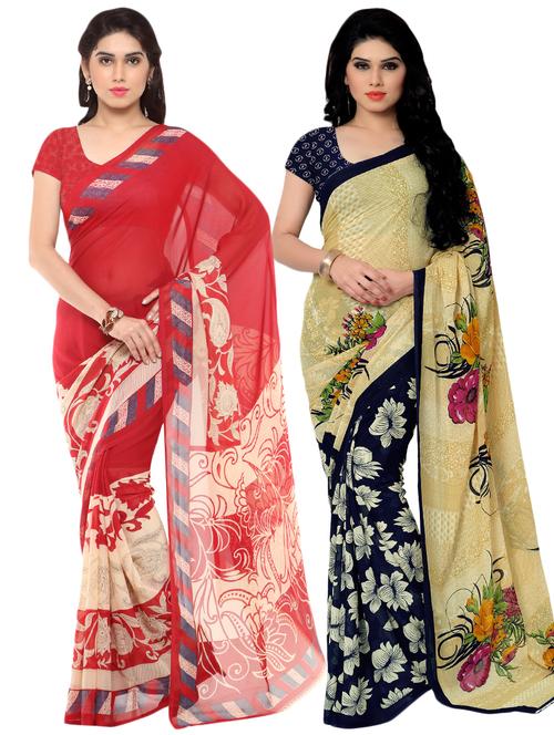set of 2 multicolor printed saree combo with blouse - 16426503 - Very Small Image - 1
