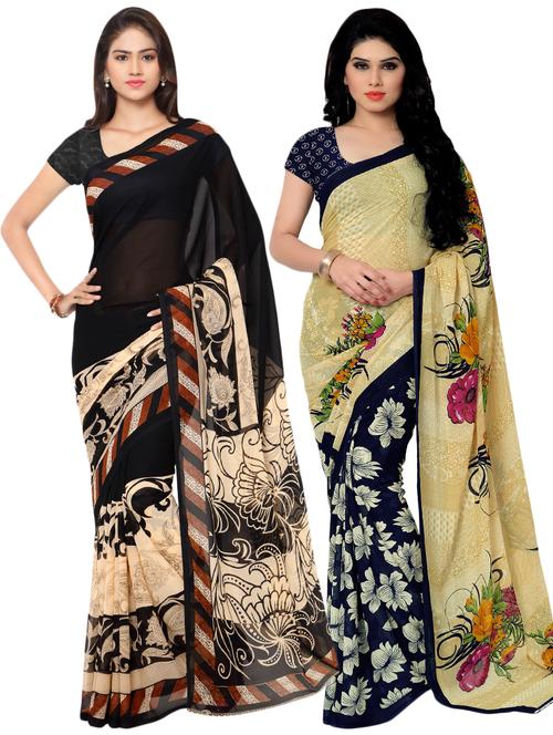 set of 2 multicolor printed saree combo with blouse - 16426560 - Very Small Image - 1