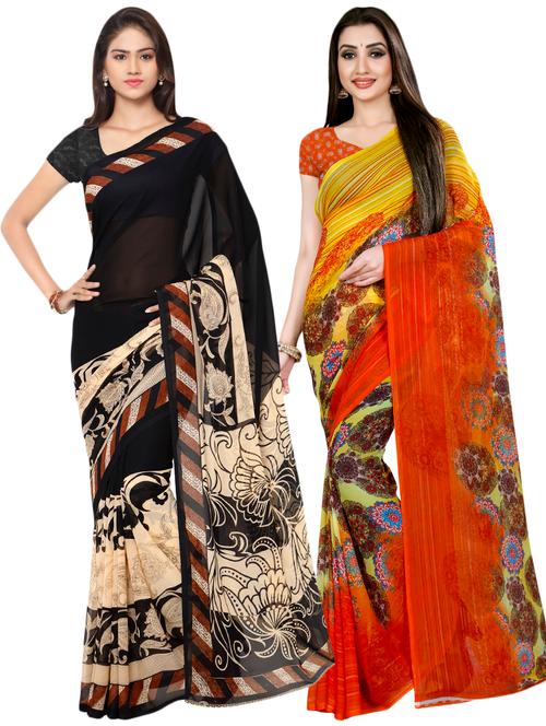 set of 2 multicolor printed saree combo with blouse - 16426561 - Very Small Image - 1
