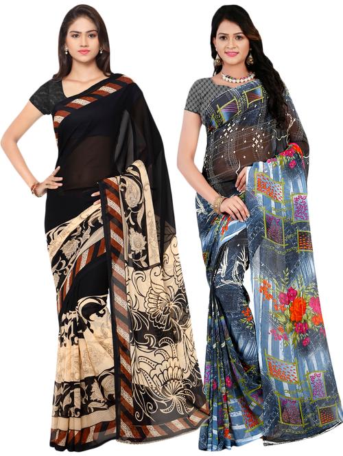 set of 2 multicolor printed saree combo with blouse - 16426590 - Very Small Image - 1