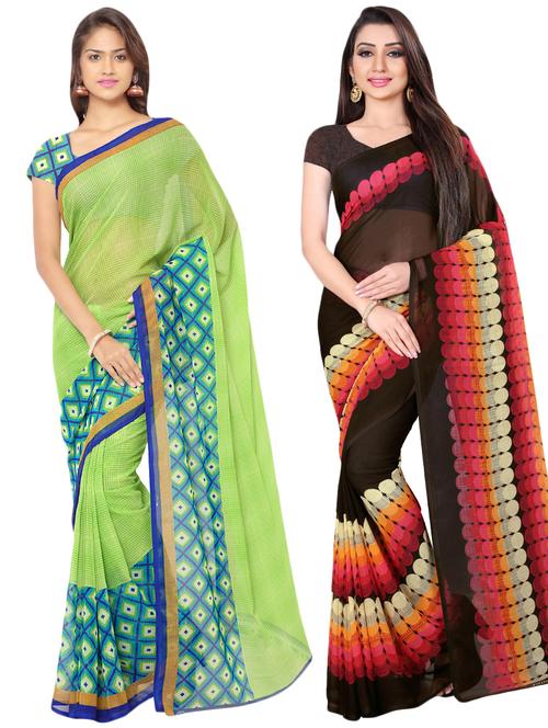 set of 2 multicolor printed saree combo with blouse - 16426601 - Very Small Image - 1