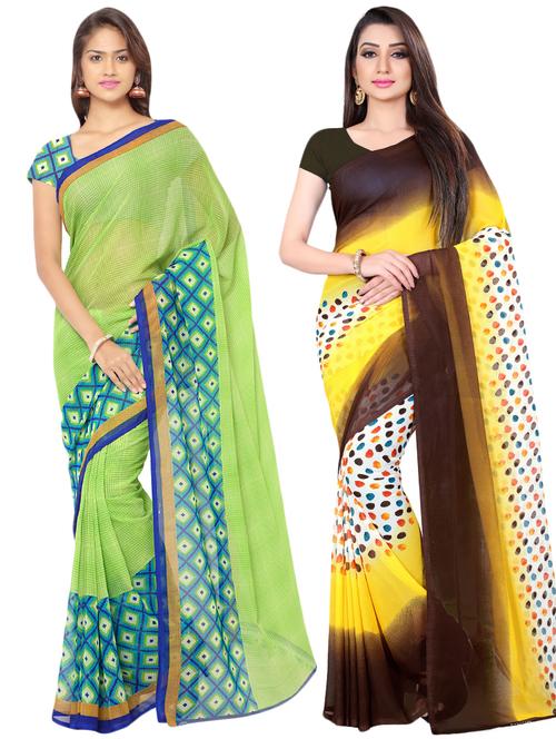 set of 2 multicolor printed saree combo with blouse - 16426603 - Very Small Image - 1