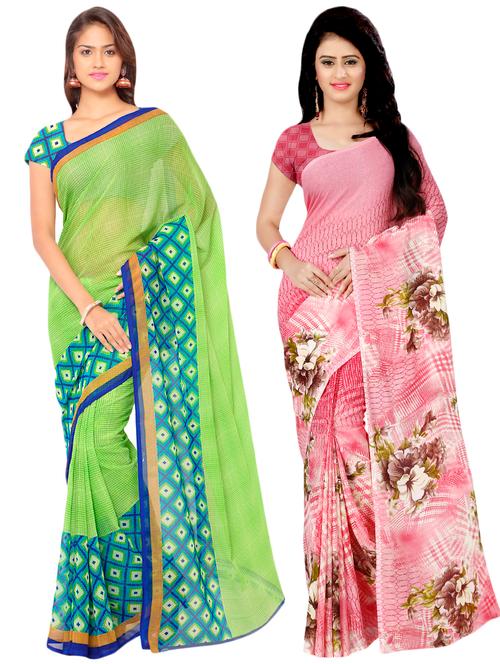 set of 2 multicolor printed saree combo with blouse - 16426629 - Very Small Image - 1