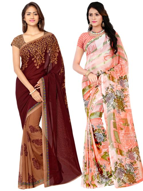 set of 2 multicolor printed saree combo with blouse - 16426658 - Very Small Image - 1