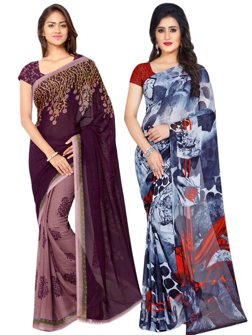 set of 2 multicolor printed saree combo with blouse - 16426704 - Very Small Image - 1