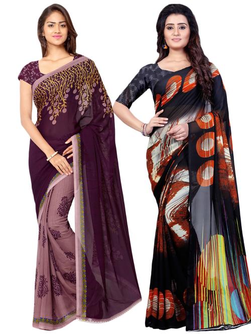 set of 2 multicolor printed saree combo with blouse - 16426705 - Very Small Image - 1
