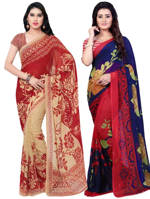 set of 2 multicolor printed saree combo with blouse - 16426786 - Very Small Image - 1
