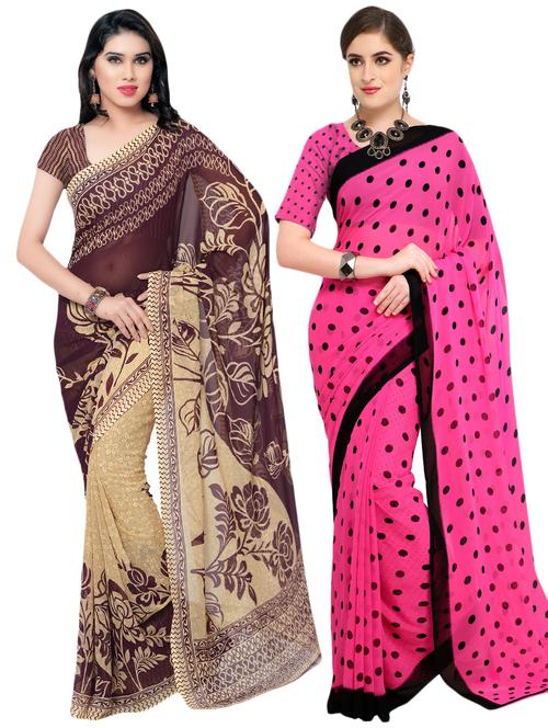 set of 2 multicolor printed saree combo with blouse - 16426788 - Very Small Image - 1