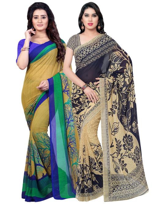 set of 2 multicolor printed saree combo with blouse - 16426796 - Very Small Image - 1
