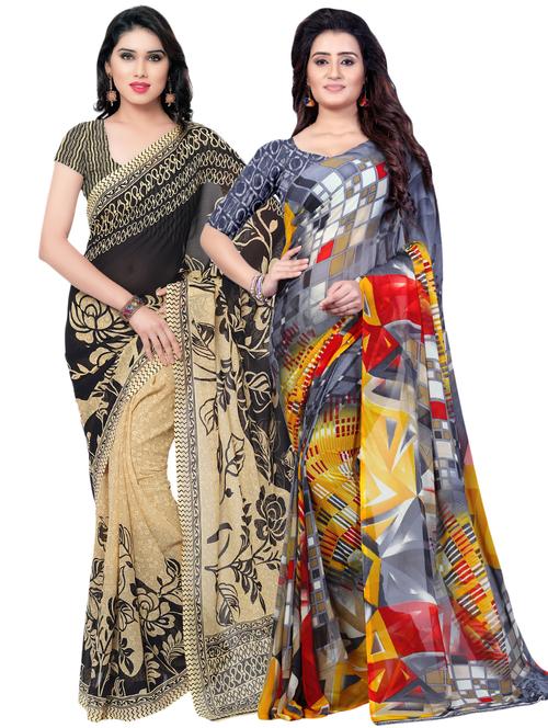 set of 2 multicolor printed saree combo with blouse - 16426804 - Very Small Image - 1
