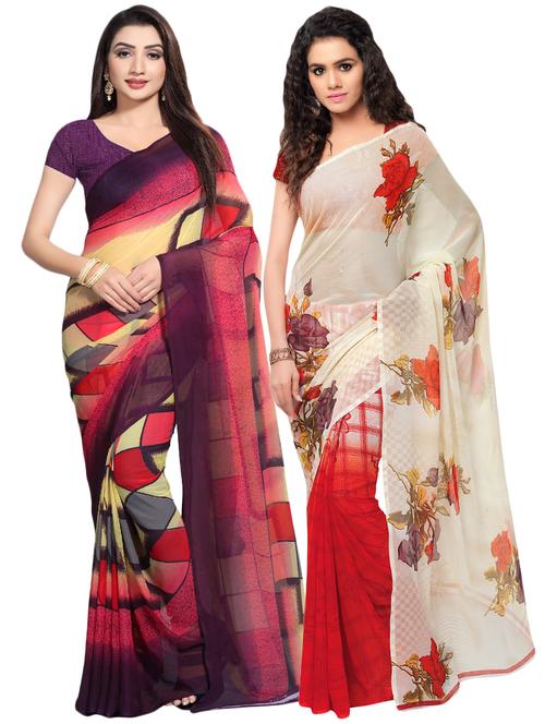 set of 2 multicolor printed saree combo with blouse - 16426809 - Very Small Image - 1