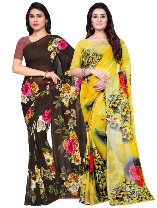 set of 2 multicolor printed saree combo with blouse - 16426828 - Very Small Image - 1