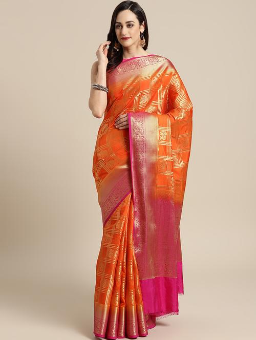 checkered banarasi saree with blouse - 16430607 - Very Small Image - 1