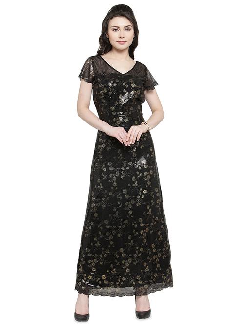 v-neck floral metallic a-line dress - 16430951 - Very Small Image - 1