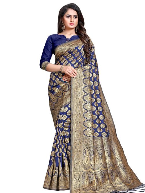 floral zari motif banarasi saree with blouse - 16433101 - Very Small Image - 1