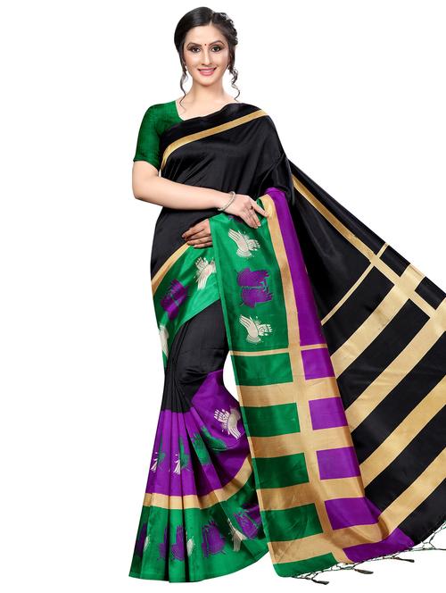 kalamkari border printed saree with blouse - 16434657 - Very Small Image - 1