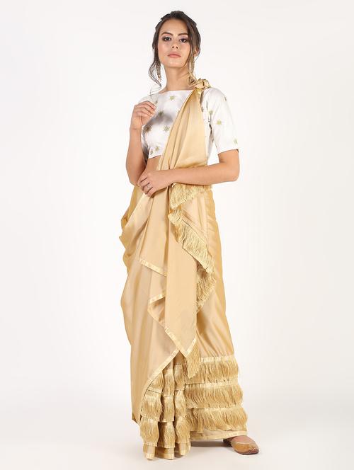fringe border fusion saree with blouse - 16435250 - Very Small Image - 1
