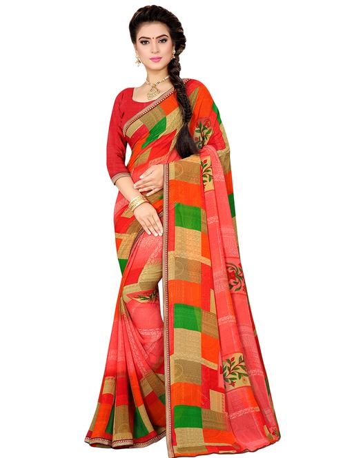 checkered printed saree with blouse - 16435467 - Very Small Image - 1