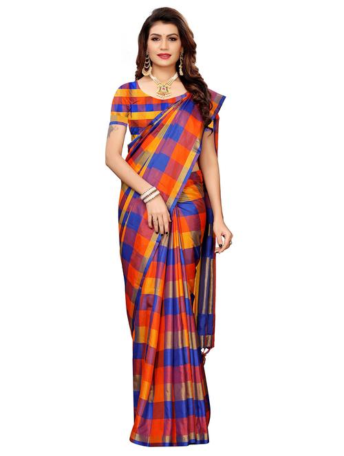 checkered printed saree with blouse - 16435612 - Very Small Image - 1