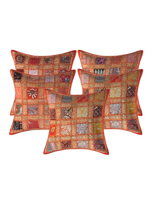 texstylers-patchwork-5 piece standard size cushion cover set-(16x16 inches),orange - 16436113 - Very Small Image - 1
