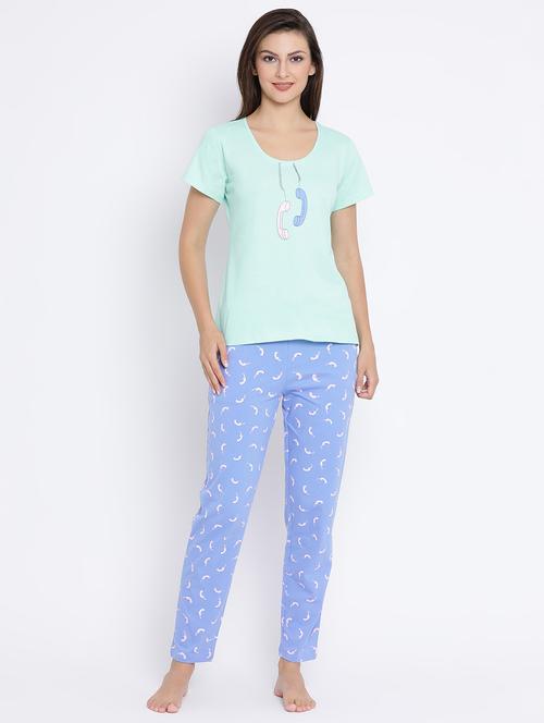 round neck quirky tee with pajama set - 16436728 - Very Small Image - 1