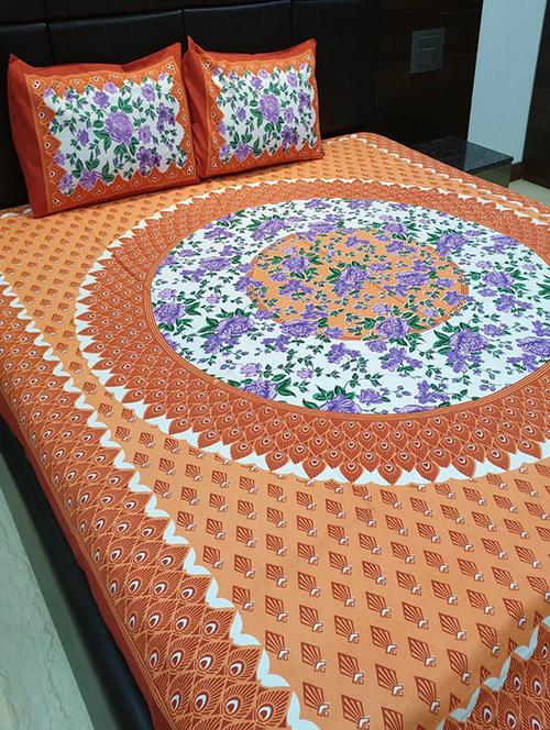 cotton printed double bed sheet with 2 pillow covers - 16437001 - Very Small Image - 1