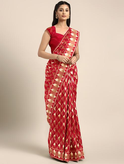 geometrical zari motif woven saree with blouse - 16439082 - Very Small Image - 1