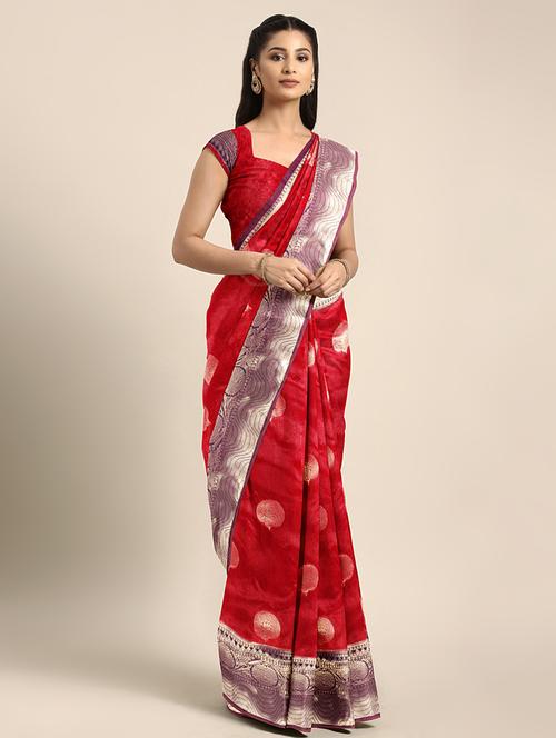floral zari motif woven saree with blouse - 16439086 - Very Small Image - 1