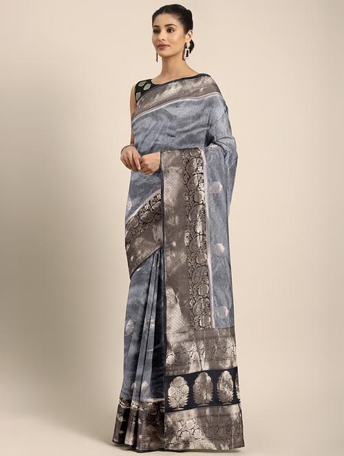 ethnic zari motif woven saree with blouse - 16439090 - Very Small Image - 1