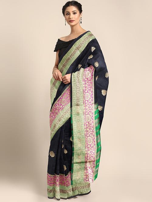 ethnic zari motif woven saree with blouse - 16439092 - Very Small Image - 1