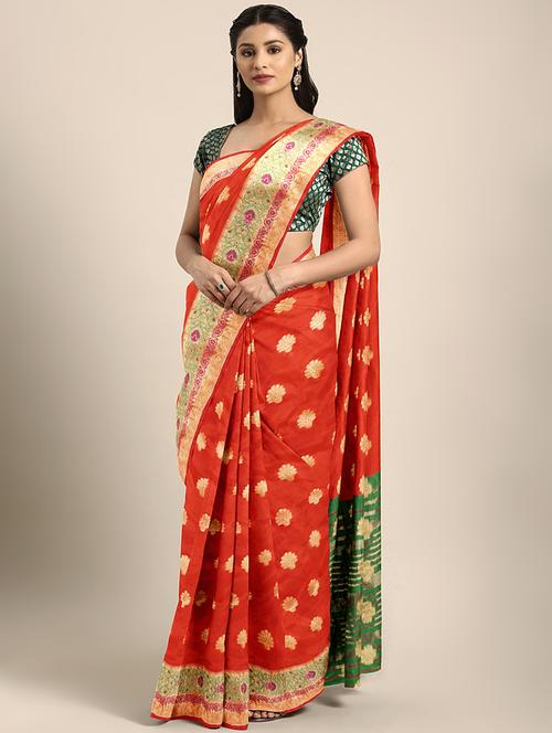 floral zari motif woven saree with blouse - 16439099 - Very Small Image - 1