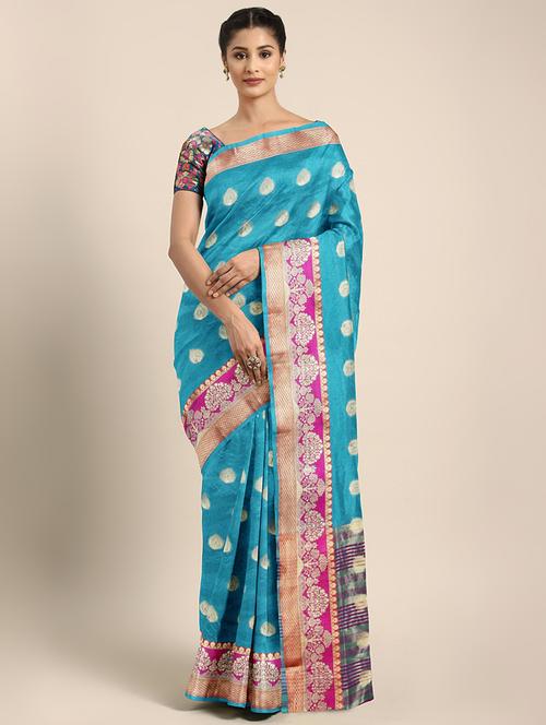 ethnic zari motif woven saree with blouse - 16439109 - Very Small Image - 1