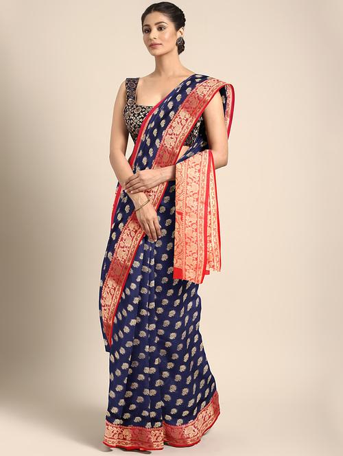 floral zari motif woven saree with blouse - 16439117 - Very Small Image - 1