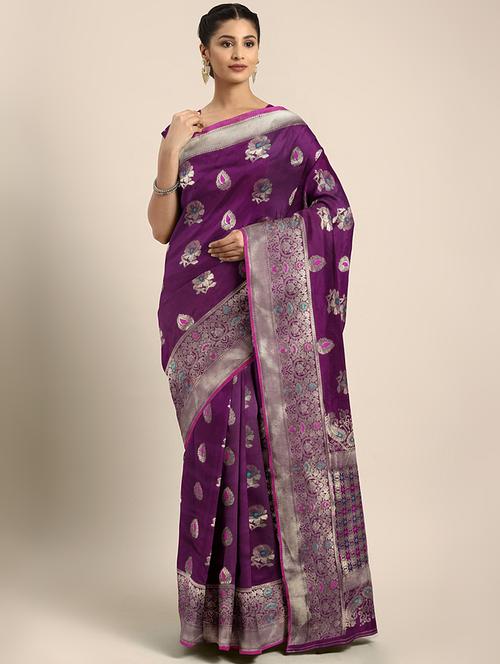 floral zari motif woven saree with blouse - 16439125 - Very Small Image - 1