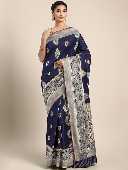 floral zari motif woven saree with blouse - 16439128 - Very Small Image - 1