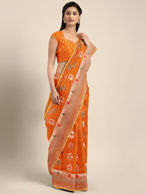 floral zari motif woven saree with blouse - 16439129 - Very Small Image - 1
