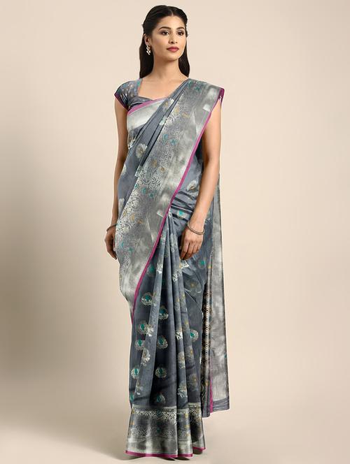 floral zari motif woven saree with blouse - 16439130 - Very Small Image - 1