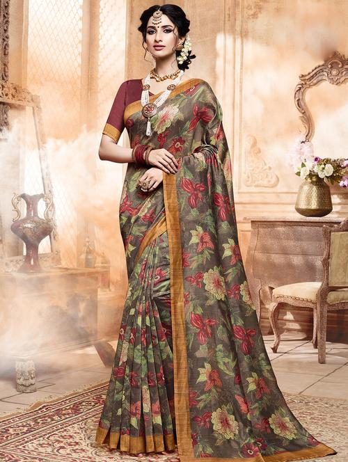floral printed saree with blouse - 16440300 - Very Small Image - 1