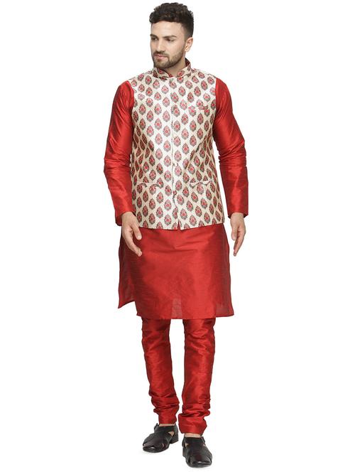 red solid kurta pyjama set with beige printed nehru jacket - 16442303 - Very Small Image - 1