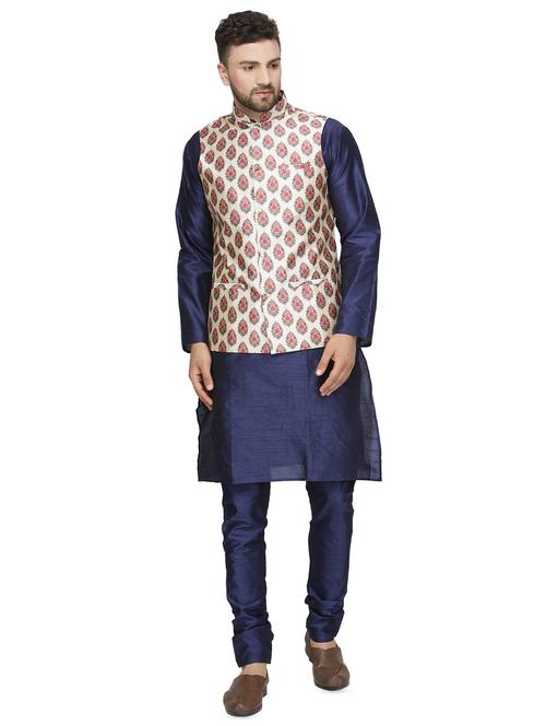 navy blue solid kurta pyjama set with beige printed nehru jacket - 16442317 - Very Small Image - 1
