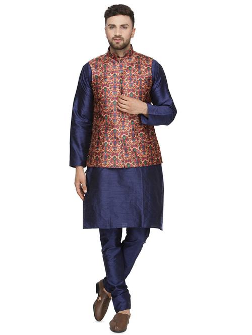 navy blue solid kurta pyjama set with red printed nehru jacket - 16442319 - Very Small Image - 1