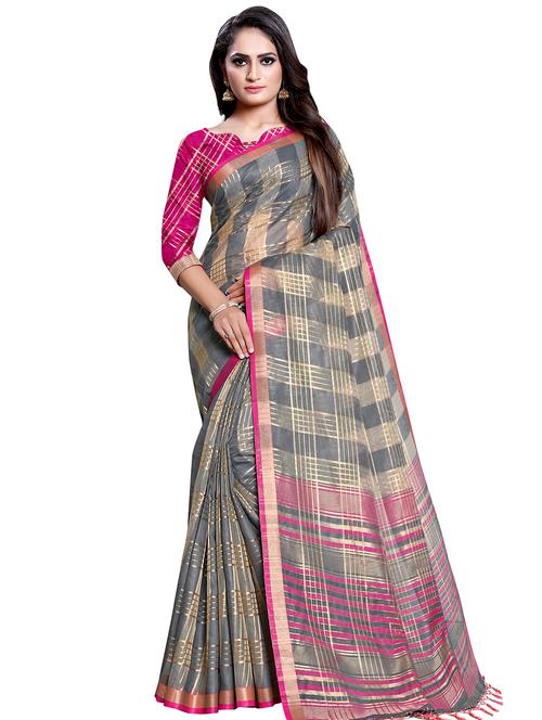 checkered printed saree with blouse - 16443736 - Very Small Image - 1