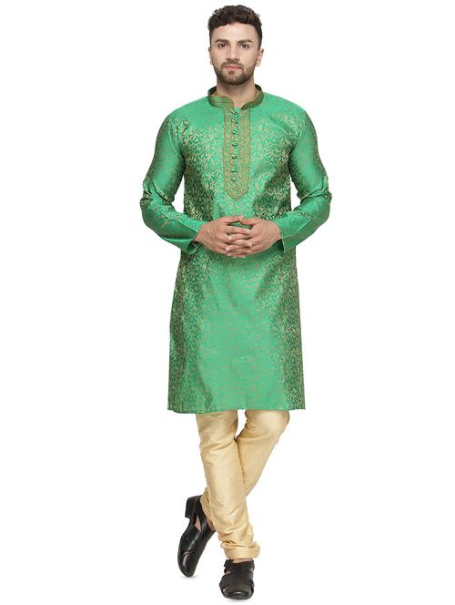green silk blend kurta pyjama set - 16445521 - Very Small Image - 1
